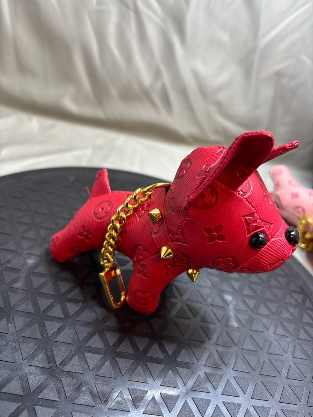 Luxury-Inspired Red Dog Charm Keychain with Gold Chain